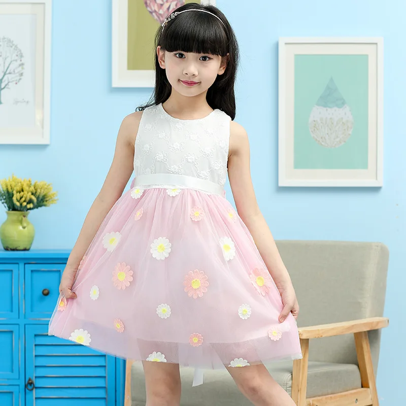 

New Summer Girls Dresses Sleeveless Flower Dresses for Party and Wedding Cartoon Bow Kids Sundress 6-15 Years A-Line Dress