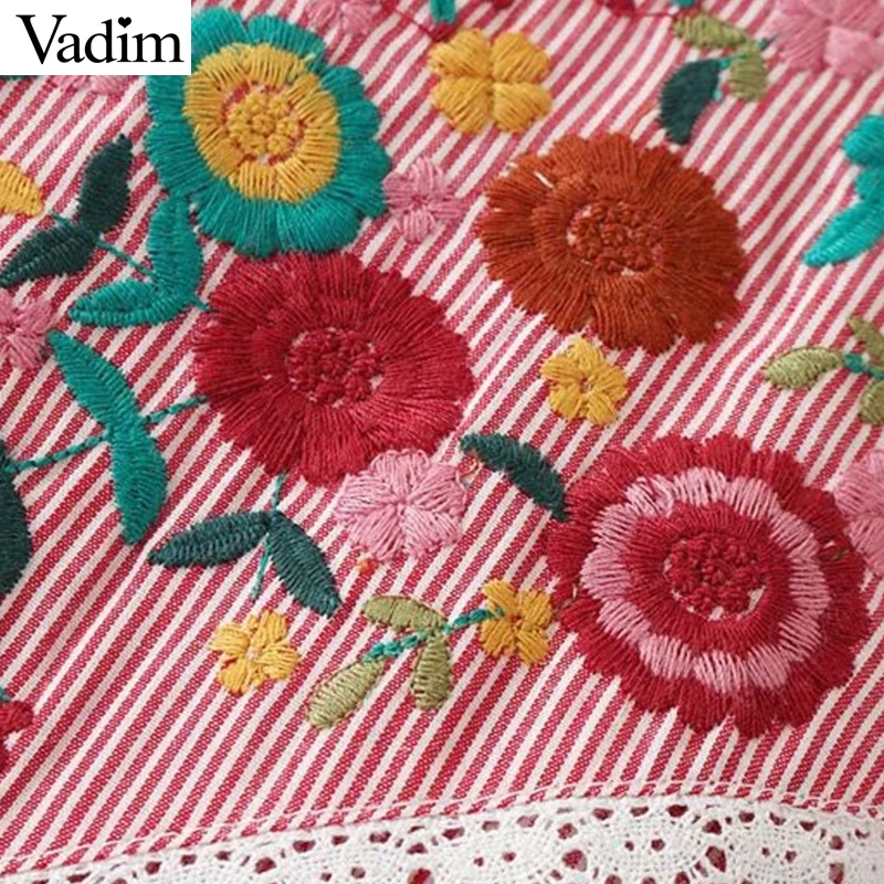Vadim, милый, женский, с оборками, Цветочная вышивка, платье в полоску, круглый вырез, половина рукава, женские летние повседневные Мини платья, vestidos QZ3016