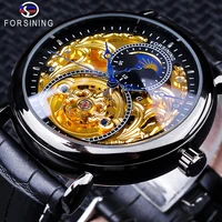 forsining black golden clock fashion blue hands moonphase men automatic watch genuine leather strap waterproof relogio masculino