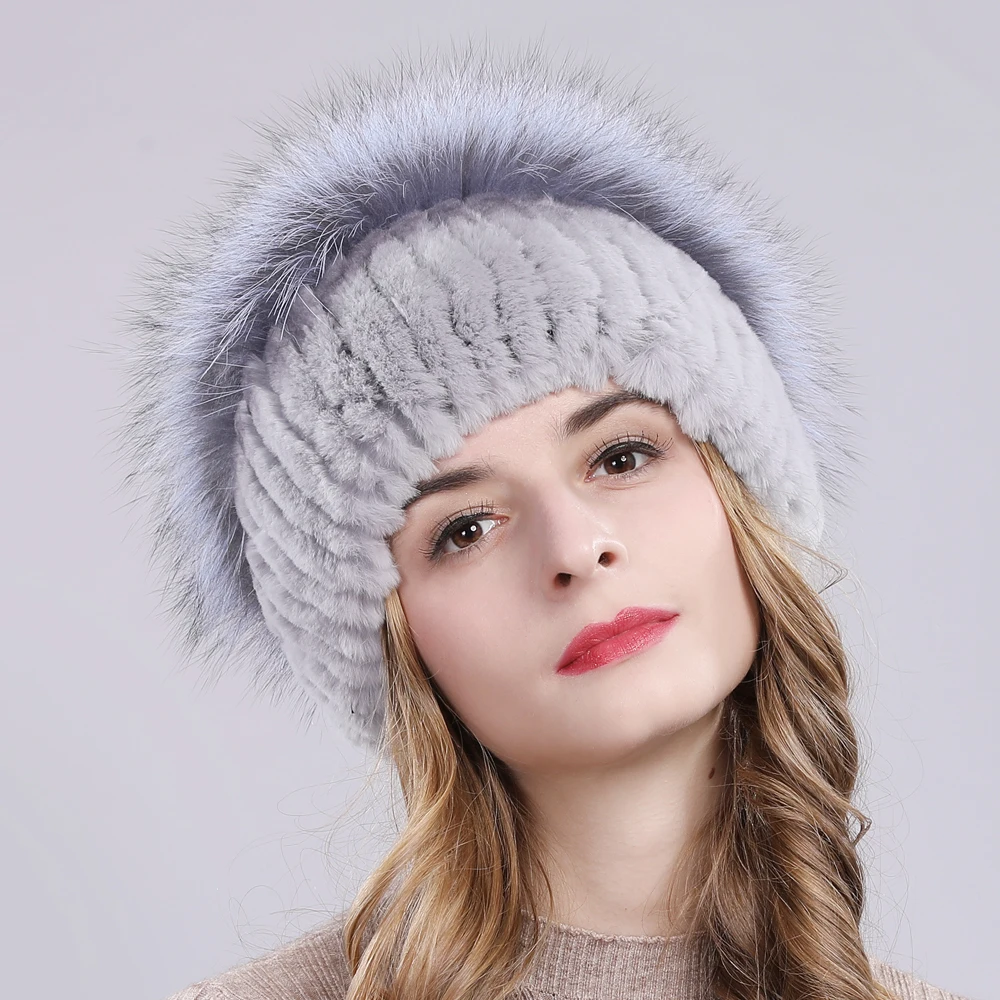 2020 Для женщин Настоящий мех кролика шапки бини Шапки вязаная эластичная 100%