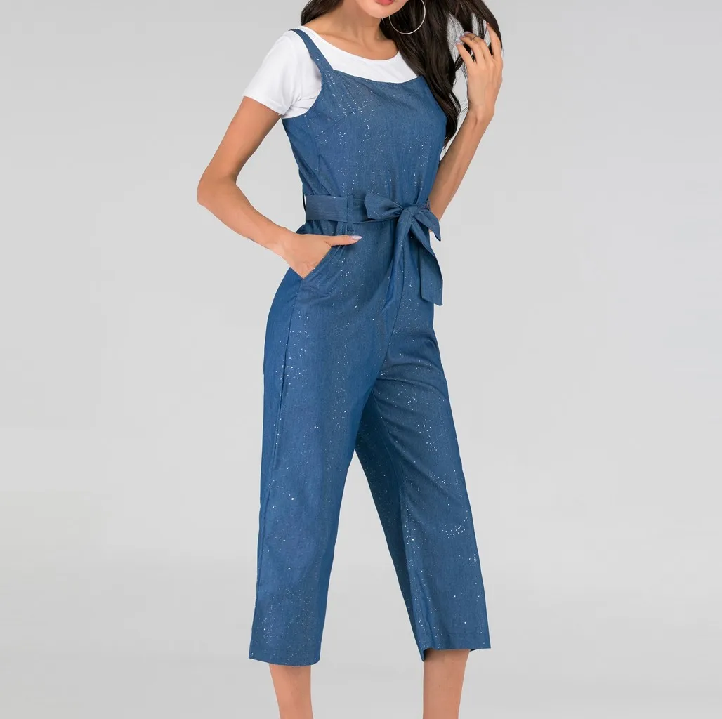 Летний женский джинсовый комбинезон с широкими штанинами размера плюс бантом