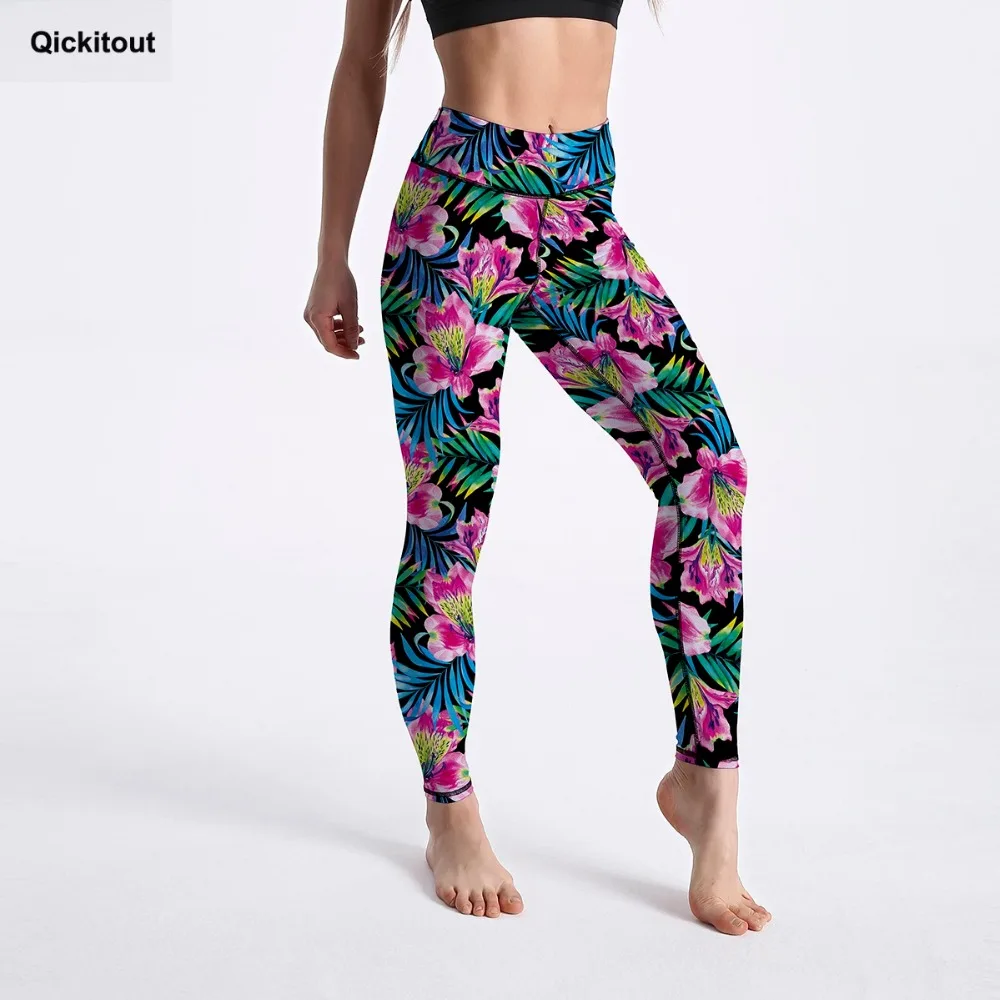 

Qickitout Sexy Women's Leggings Muticolor Floral Leaf Pattern Printed Legging High Waist Ankle Length Casual Workout Pants XS-XL