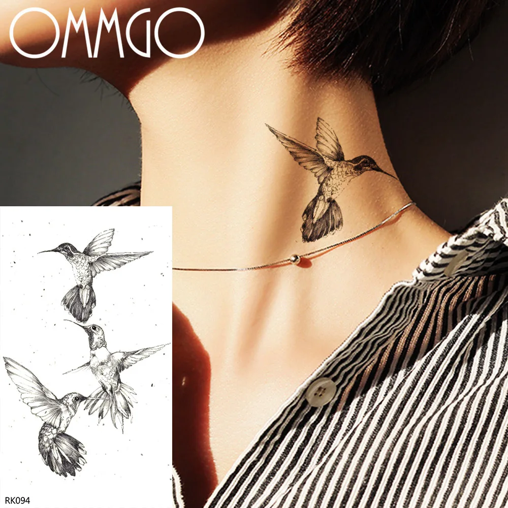 OMMGO Hummingbird Temporary Tattoos For Women Sticker Fake Tattoo Custom Tatoos Body Art Arm Wrist Minimalist Black Waterproof