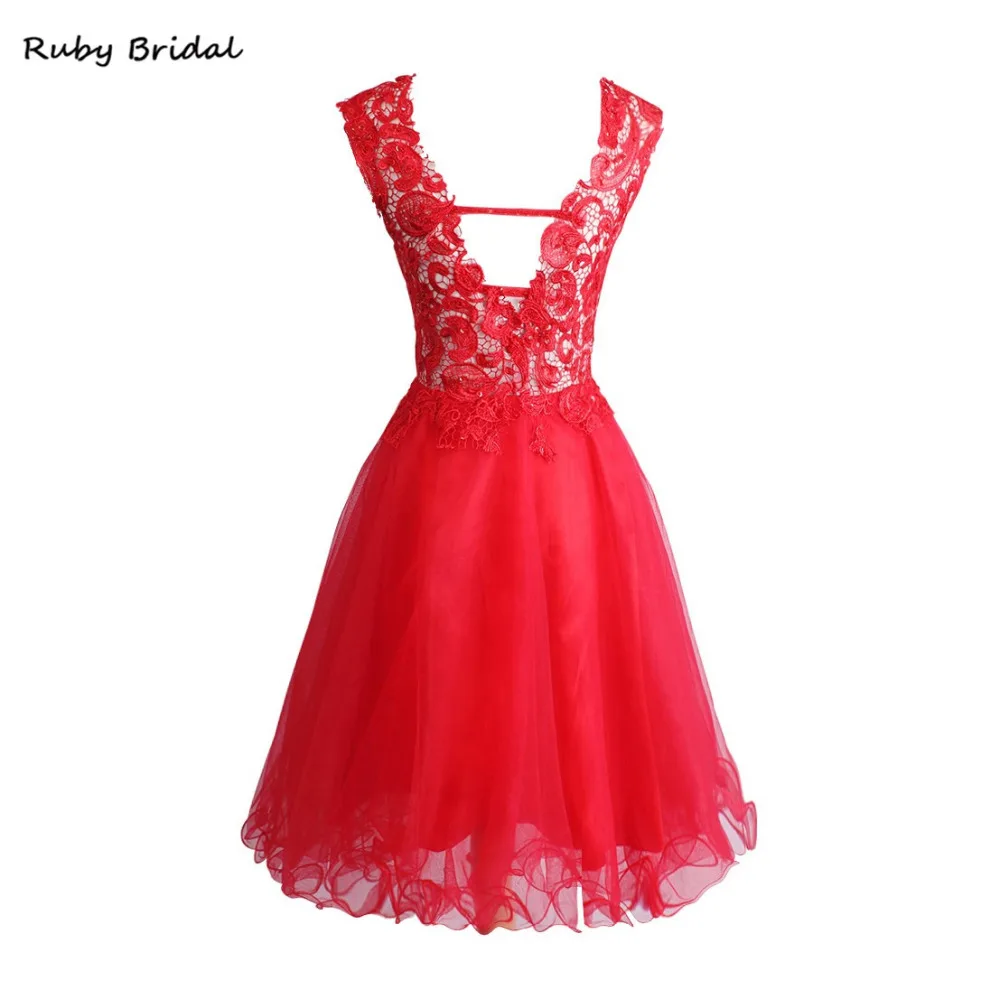 Ruby Bridal 2017 роскошные красные тюлевые Короткие вечерние платья трапециевидной