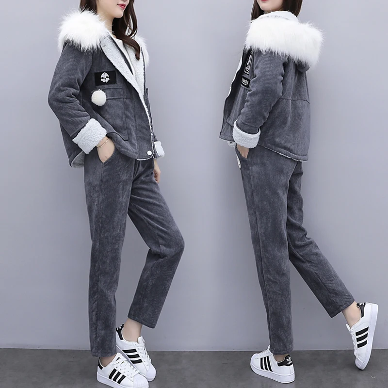 

YICIYA winter corduroy women 2 piece set plus size large clothes co-ord set outfit tracksuit gray top coat and pants suits 2020