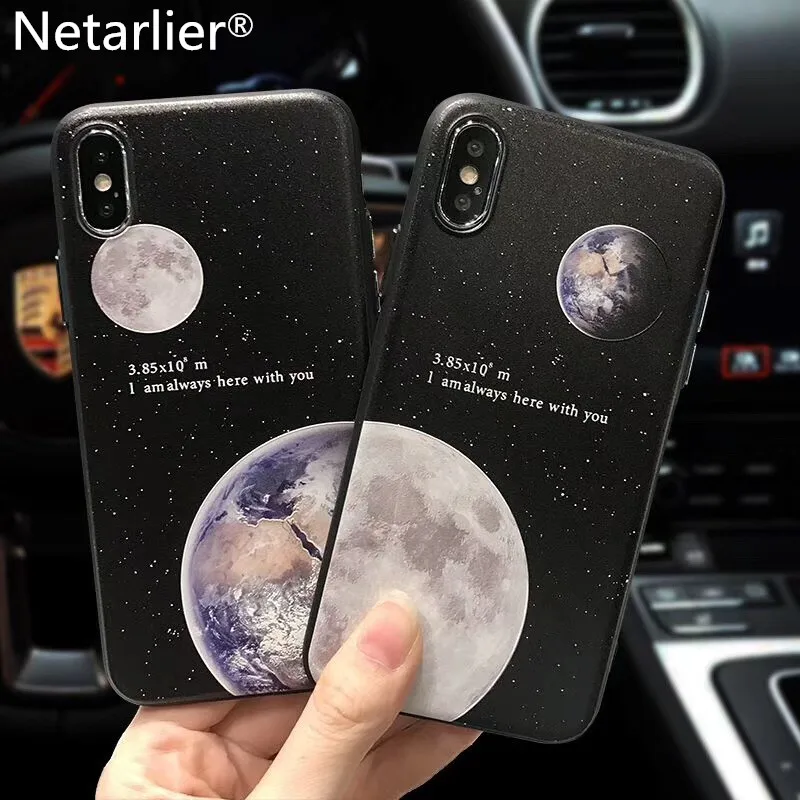 Netarlier Good Case For iPhone X &quotI am always here with you&quot The Earth And moon Couple Phone Cases Silicon Soft Back Cover |