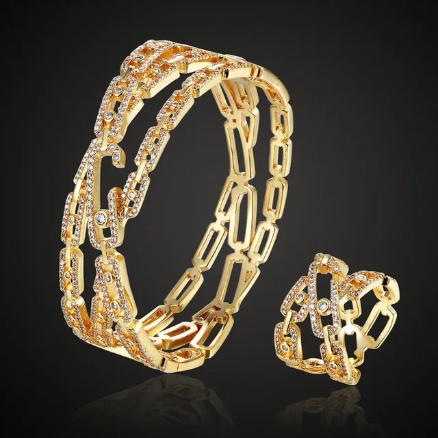 Gold Plated 7 Роскошный бренд 3A кубический Тереза циркон медный браслет ювелирные изделия с кольцом свадебные аксессуары наборы Металл Медь пара браслет кольцо набор - Окраска металла: Gold Plated 7