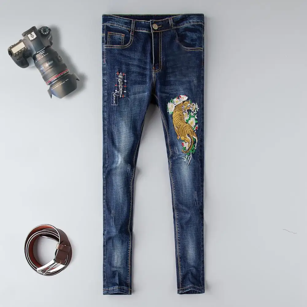 

Skinny male jeans ripped patchwork new 2019 brand high quality cotton blue 3d embroidery homme denim trousers plus size 29-38