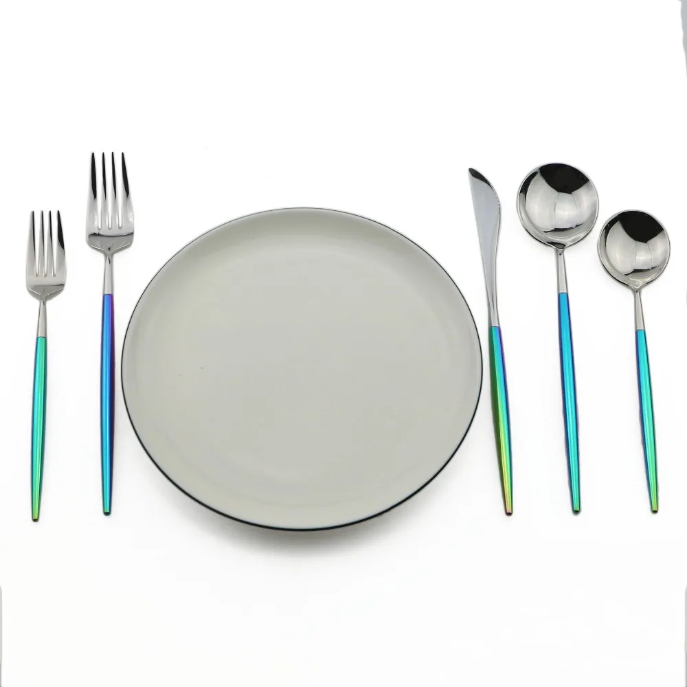 Dazzle Colorful 18/10 Stainless Steel Dinnerware Luxury Korea Food Knife Scoop Fork Set Silver Rainbow Tableware Cutlery set | Дом и сад