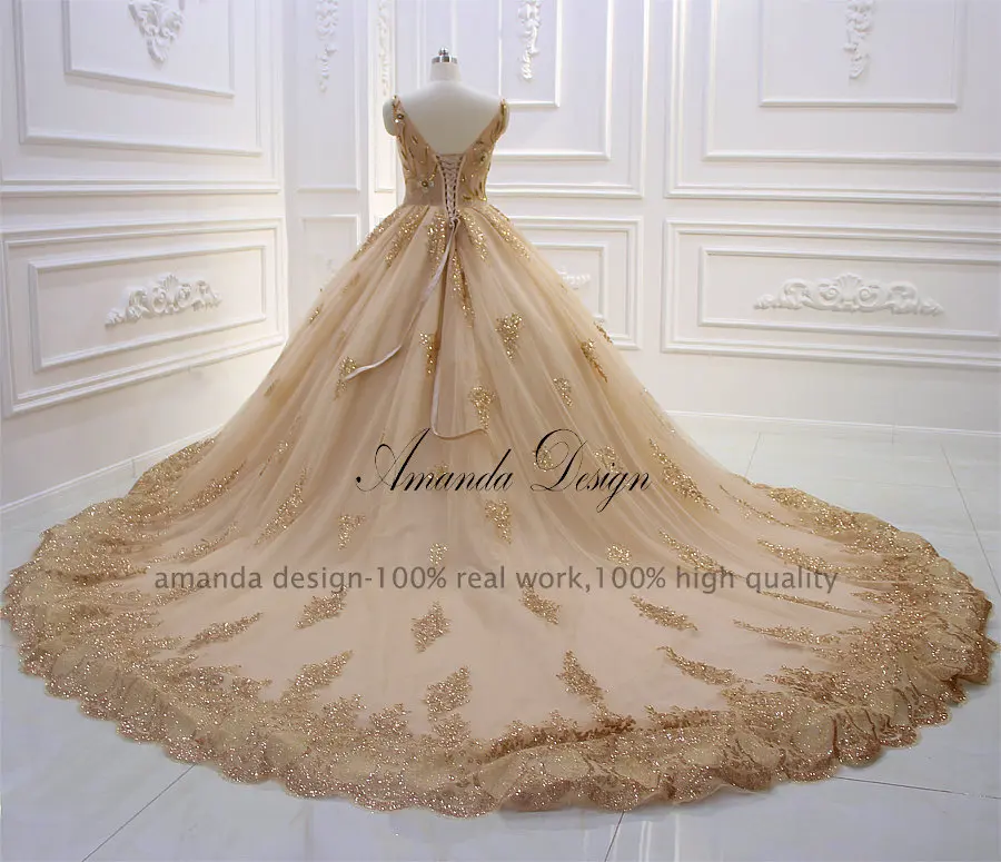 Amanda Design abendkleider V-Neck Lace Appliqued Beading Gold Wedding Dress with Wraps