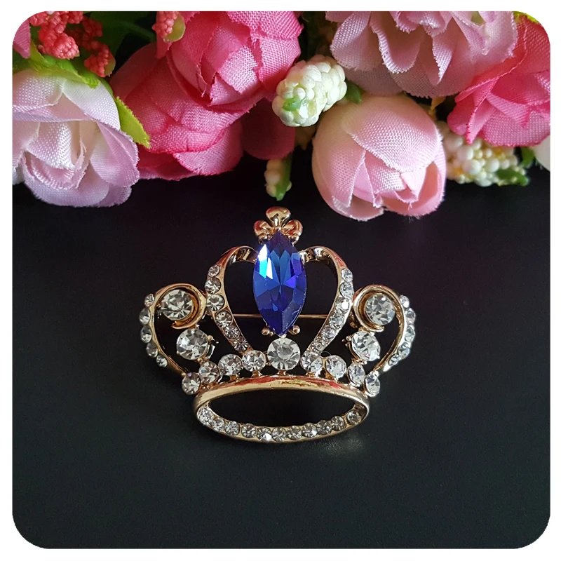Великолепная брошь в виде короны с королевским синим кристаллом|crown brooch|gold tone