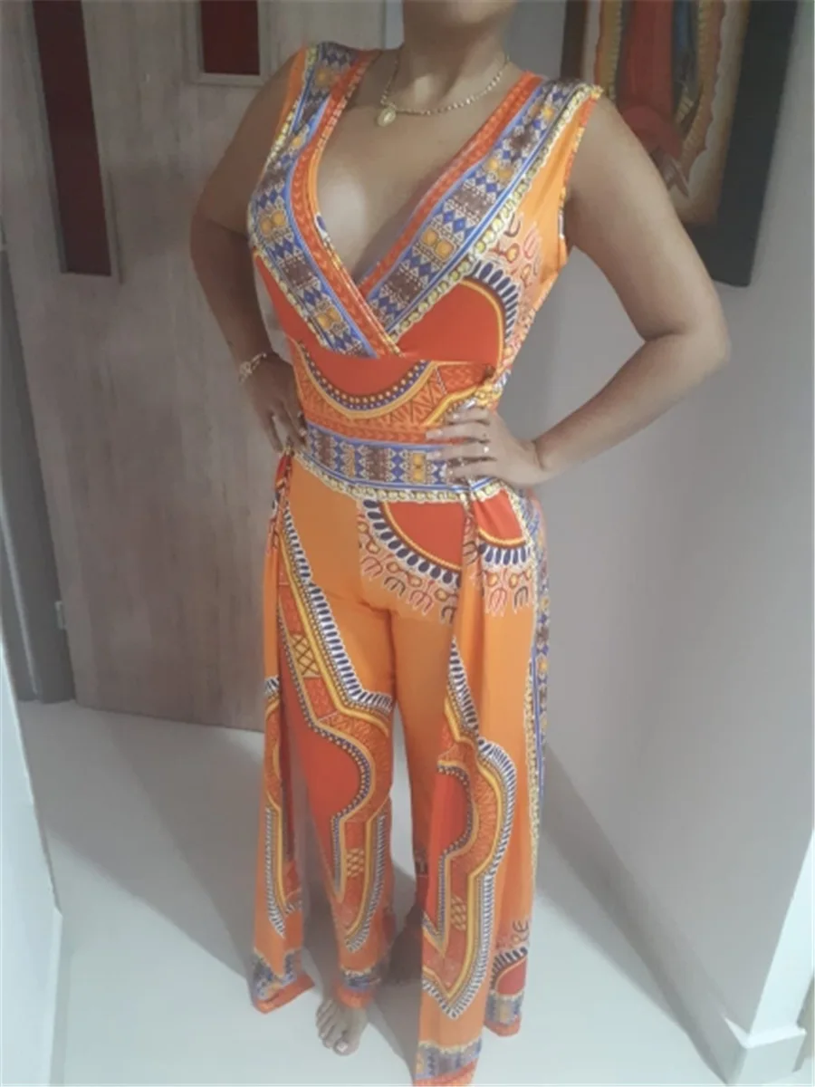 strapless bodysuit gold jump suits sexy costumes womans fashion clothes African v-neck printed sleeveless bandage jumpsuit | Тематическая