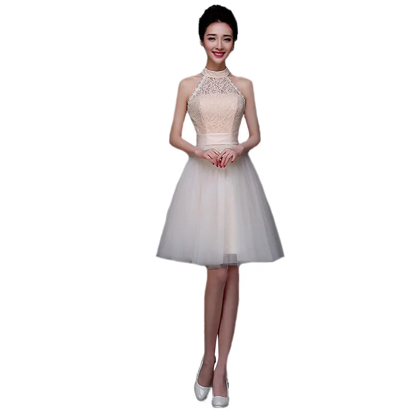 Женское короткое платье на одно плечо цвет Шампань модель BV04 2017|tulle bridesmaid