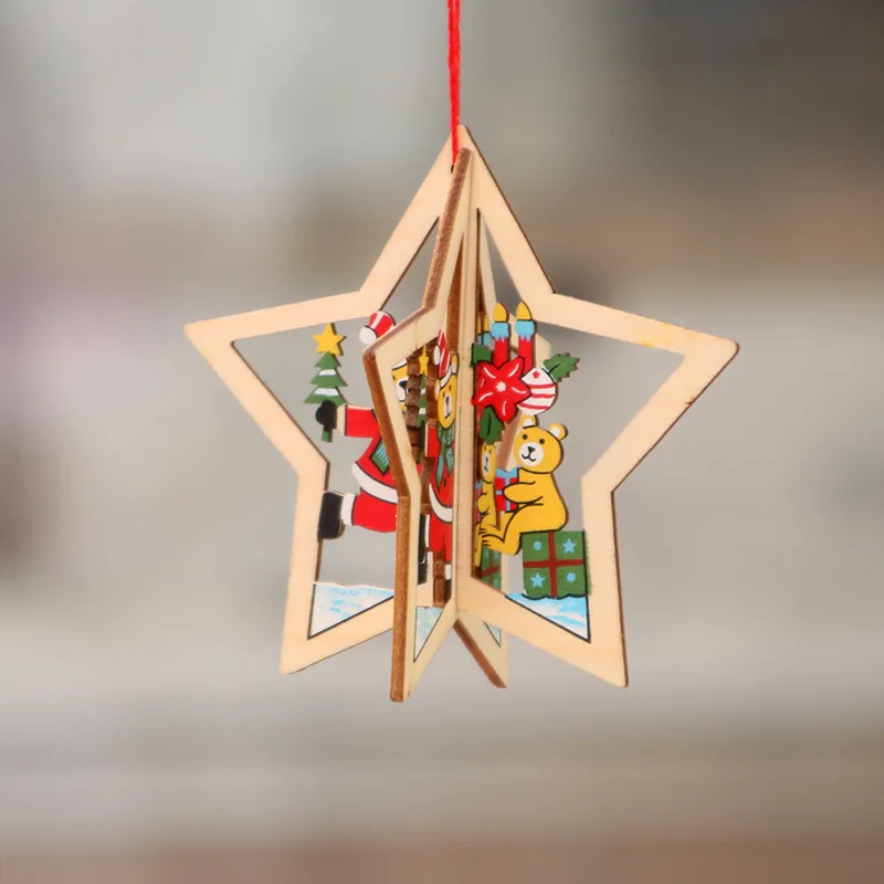 1Pcs Christmas Star Wooden Pendants Ornaments Xmas Tree Ornament DIY Wood Crafts Kids Gift for Home Party Decorations | Дом и сад