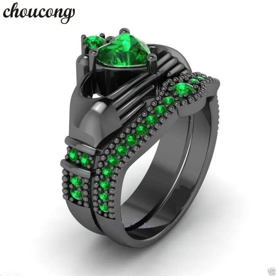 Choucong Новое Трендовое кольцо claddagh зеленый камень 5А Циркон cz 925 пробы Серебряная
