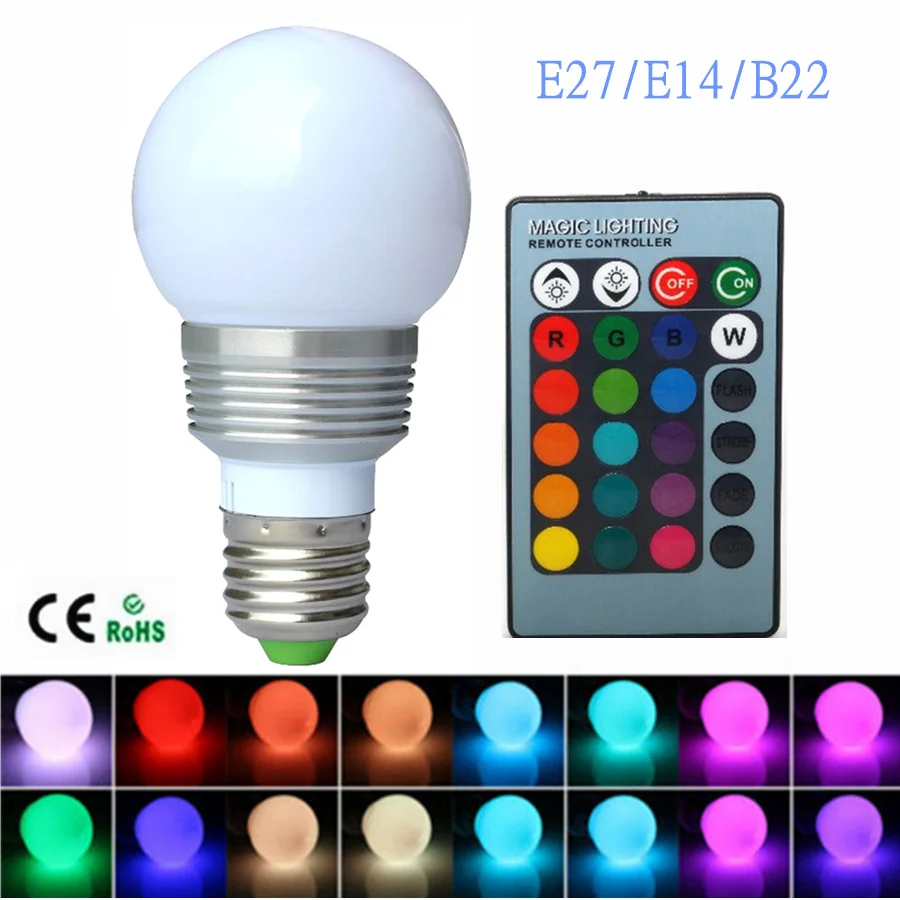 Точечный светильник, светодиодный RGB лампочка E27/B22/E14 с регулируемой яркостью, волшебный праздничный светодиодный светильник, AC110V 220 В, 3 Вт, ИК-пульт дистанционного управления, 16 цветов, умный