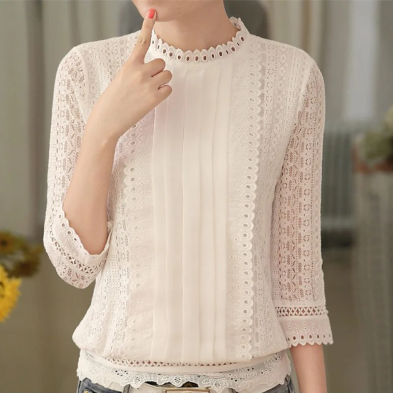Женская кружевная блузка белая с рукавом 3/4 и стоячим воротником летняя 2019 |