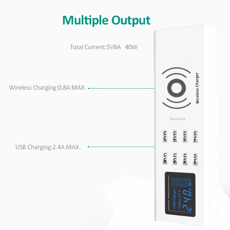 INGMAYA Qi Беспроводное USB зарядное устройство зарядная станция 8 портов 40 Вт для iPhone 8 X samsung S9 Edge huawei Nexus Mi Pixel адаптер питания