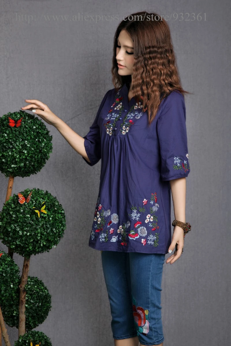 Винтажная женская блузка с цветочной вышивкой хлопковая рубашка топ Женские