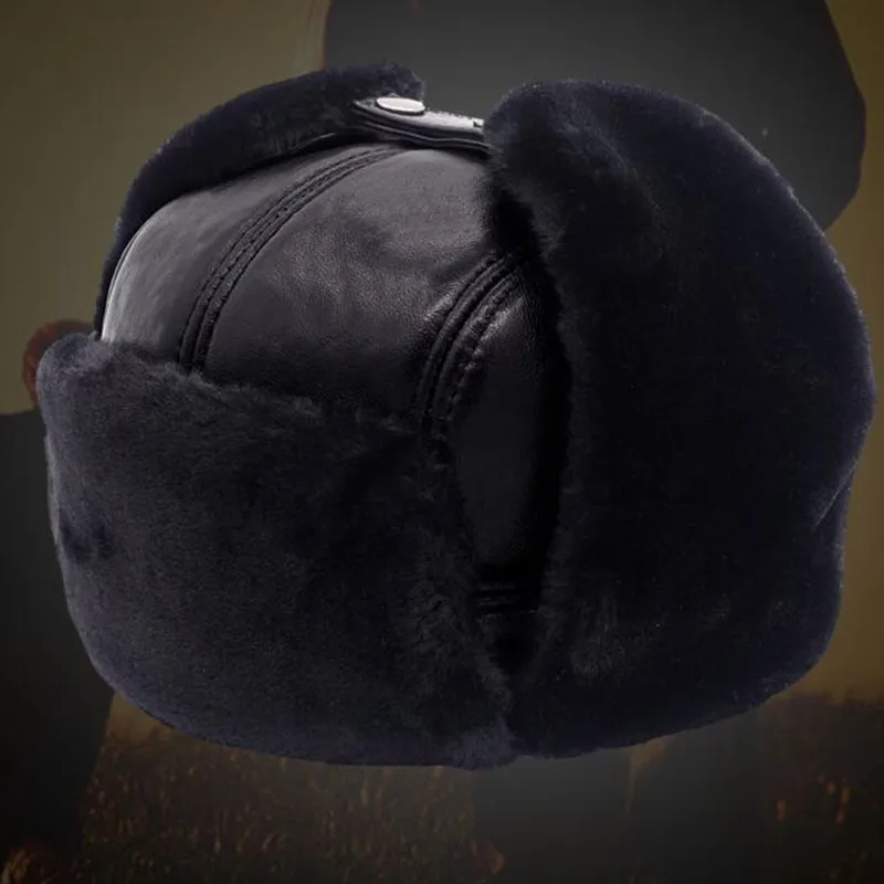 Genuine Leather Bomber Hat Middle Elderly Men Winter Thicken Plus Velvet Warm Cap Sheepskin Fashion Outdoor Male Black Hats H263