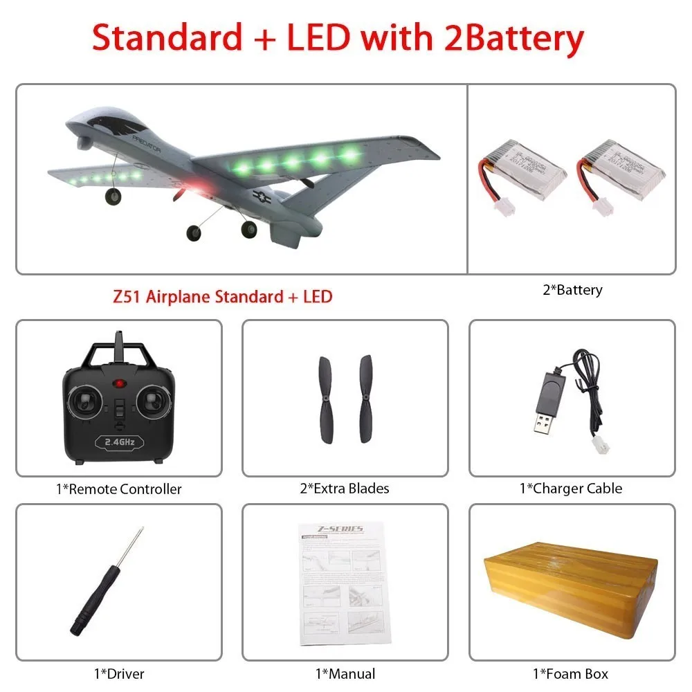 Led 2B foam box Летающая модель планеров RC самолет 2,4G 2CH Predator Z51 пульт дистанционного управления RC самолет размах крыльев пена ручная метательная игрушка-планер самолеты - Цвет: Led 2B foam box