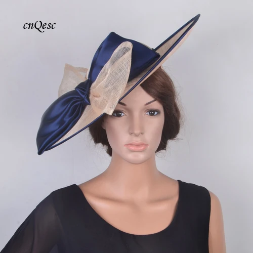 BEIGE NAVY Женская шляпа дизайн X Большое блюдце база hatinator Sinamay чародей Свадебная шляпа с большим бантом для Кентукки Дерби, гонки - Цвет: BEIGE NAVY