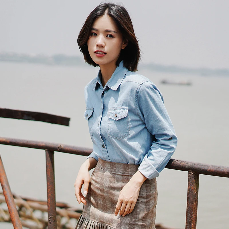 Осень 2020 новая мода Женский студенческий опрятный стильный Джинсовый Блузки