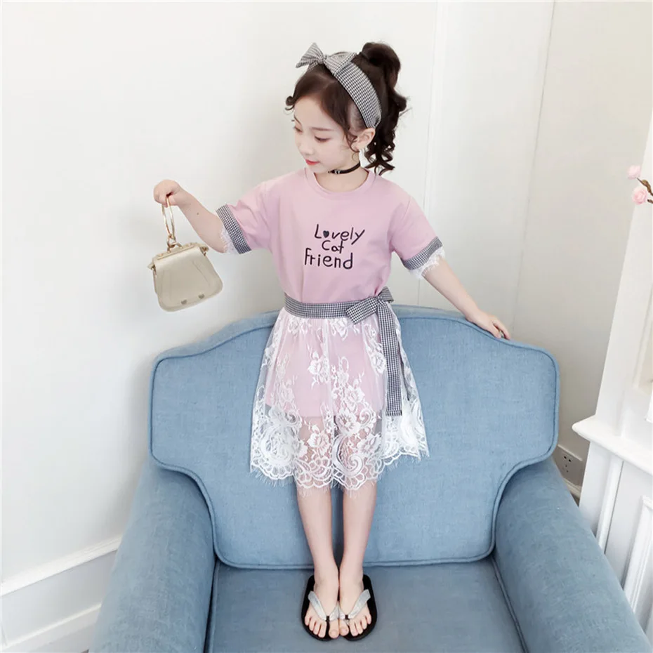 Платье для девочек с буквенным принтом детское летнее платье платья в клетку