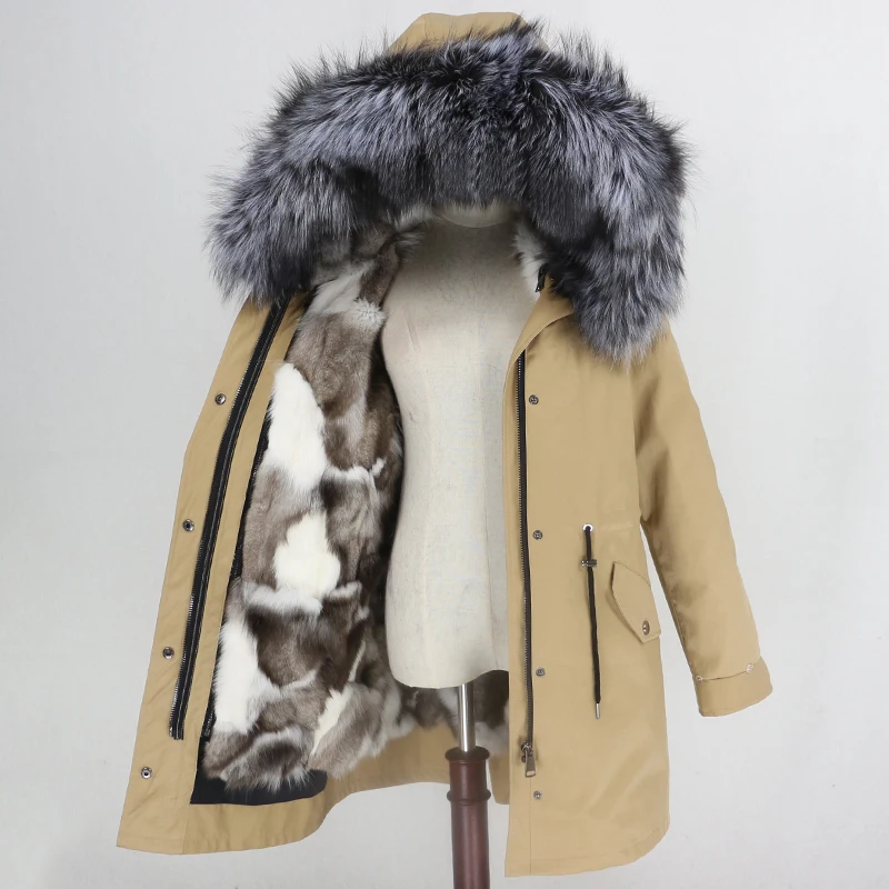 brown silver Женское пальто со съемным мехом OFTBUY, бежевая непромокаемая длинная парка с натуральным лисьим мехом, верхняя одежда, зима - Цвет: brown silver