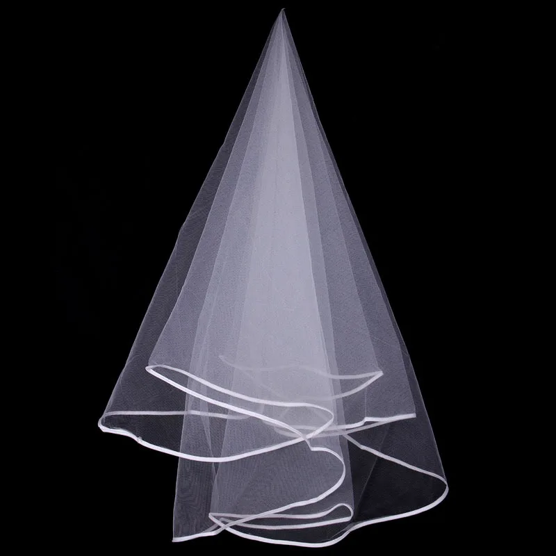 Недорогая модель, длина локтя, 1 слой, атласная оправа для невесты, цвет слоновой кости, белый для торжеств