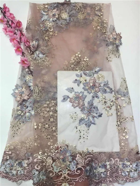 

High Quality African Lace Fabric 3D Flowers With Beaded Tulle Lace Fabric New Design Nigerian Tulle Lace Fabric ZX1023