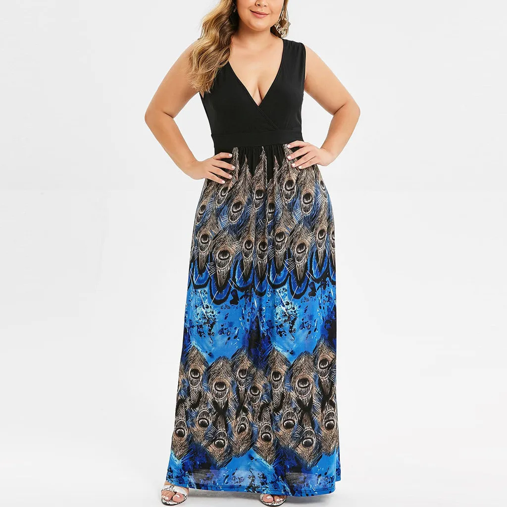 JAYCOSIN dress Women Plus Size Peacock Feather Print Sleeveless V-Neck Fashion Ankle-Length Straight Long Dress | Женская одежда