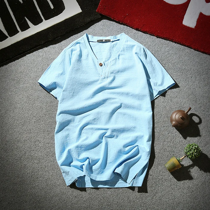 SkyBlue(Tshirt) Sinicism Store 5XL мужская хлопковая льняная футболка, Мужская Летняя Повседневная футболка, мужские футболки с v-образным вырезом и коротким рукавом - Цвет: SkyBlue(Tshirt)
