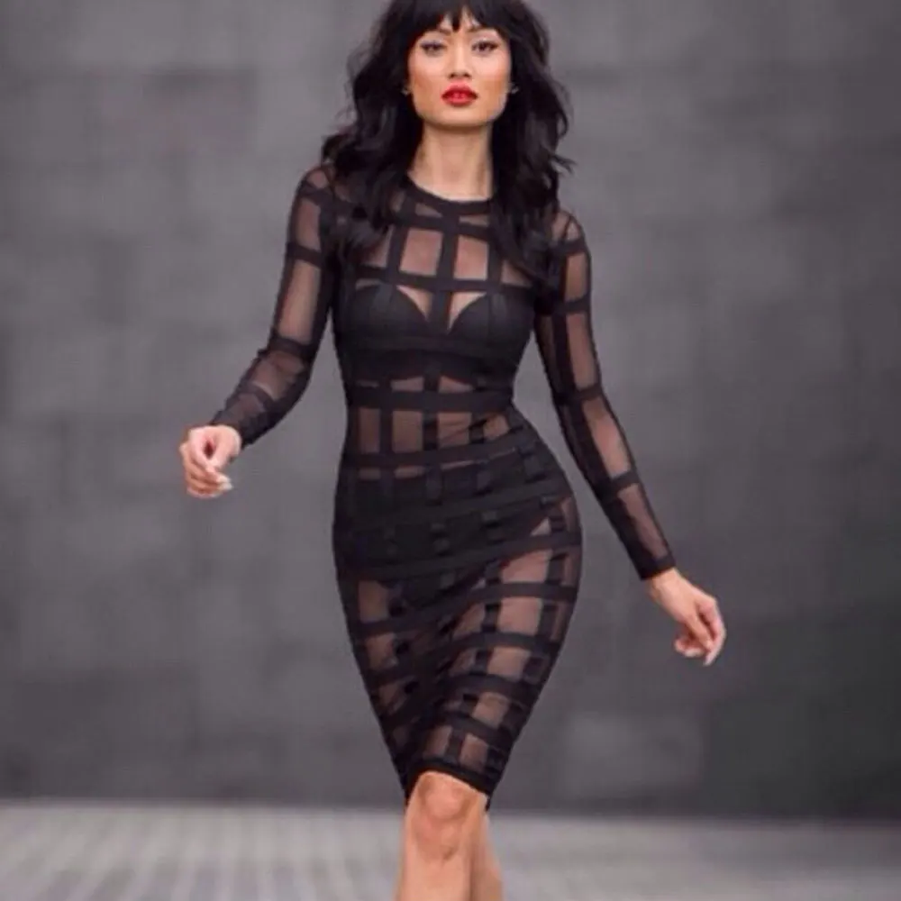 Прозрачное Черное Сетчатое платье длиной до колена из вискозы с длинным рукавом