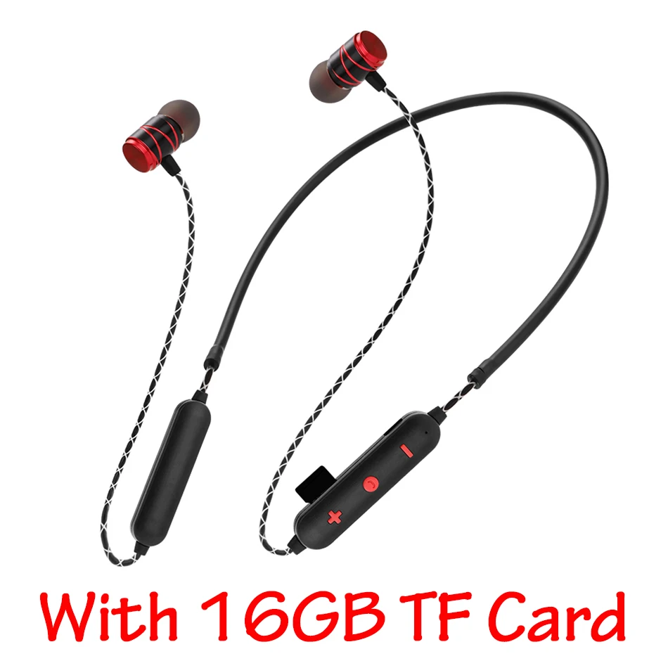 Red Add 16GB Card HOMEBARL K308 Magnet Bluetooth Headset Wireless Headphone Music Sport Stereo Earphone Mic Support 16GB 8GB Micro SD TF Card Slot - Color: Red Add 16GB Card