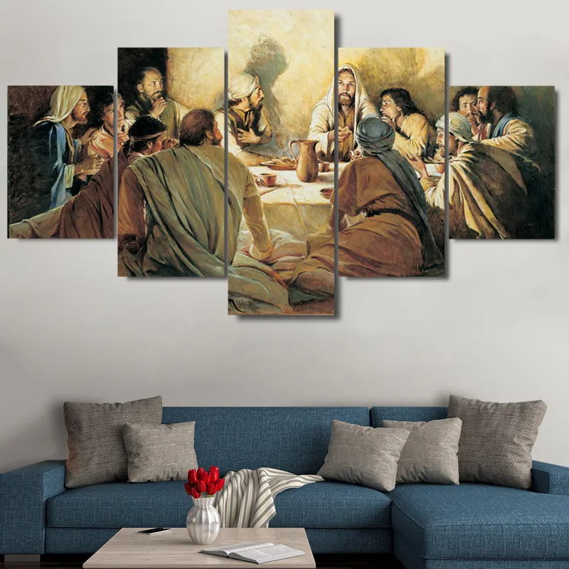 

Abstract Modern Home Decoration Canvas Printed Painting 5 Panel Last Supper Framed Wall Art For Living Room Modular Picture