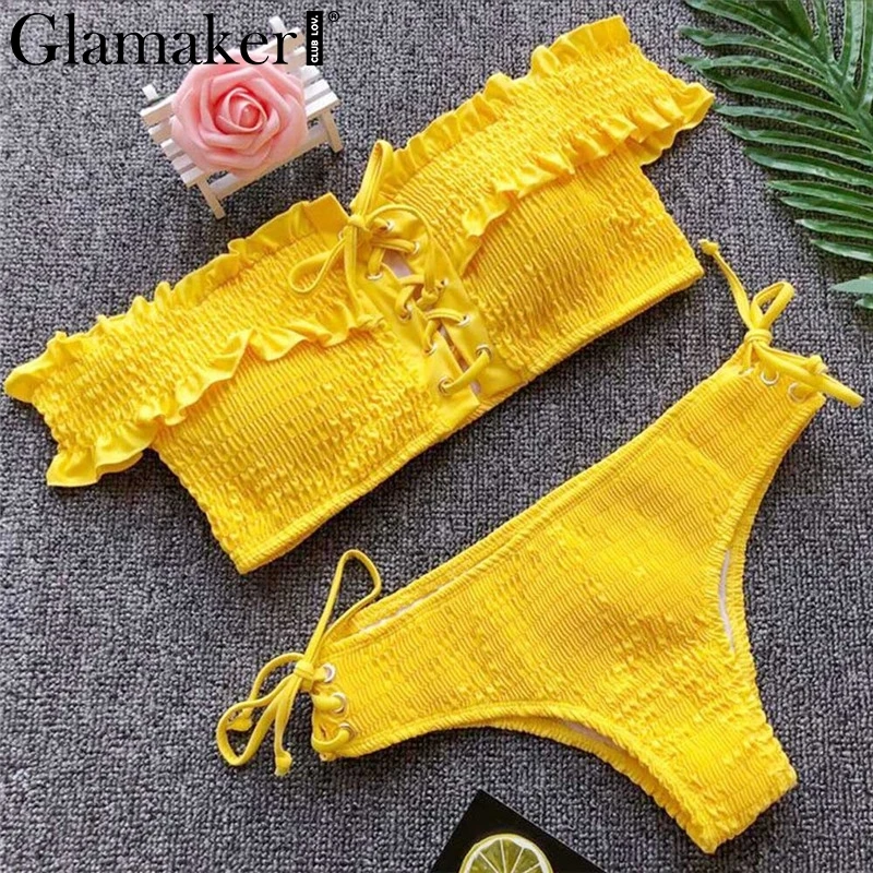 Glamaker черный на шнуровке с рюшами бикини сексуальный открытыми плечами купальник