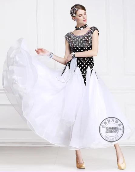 elegant customize black white short sleeve rhinestone Fox trot Waltz tango salsa competition ballroom dance dress | Тематическая