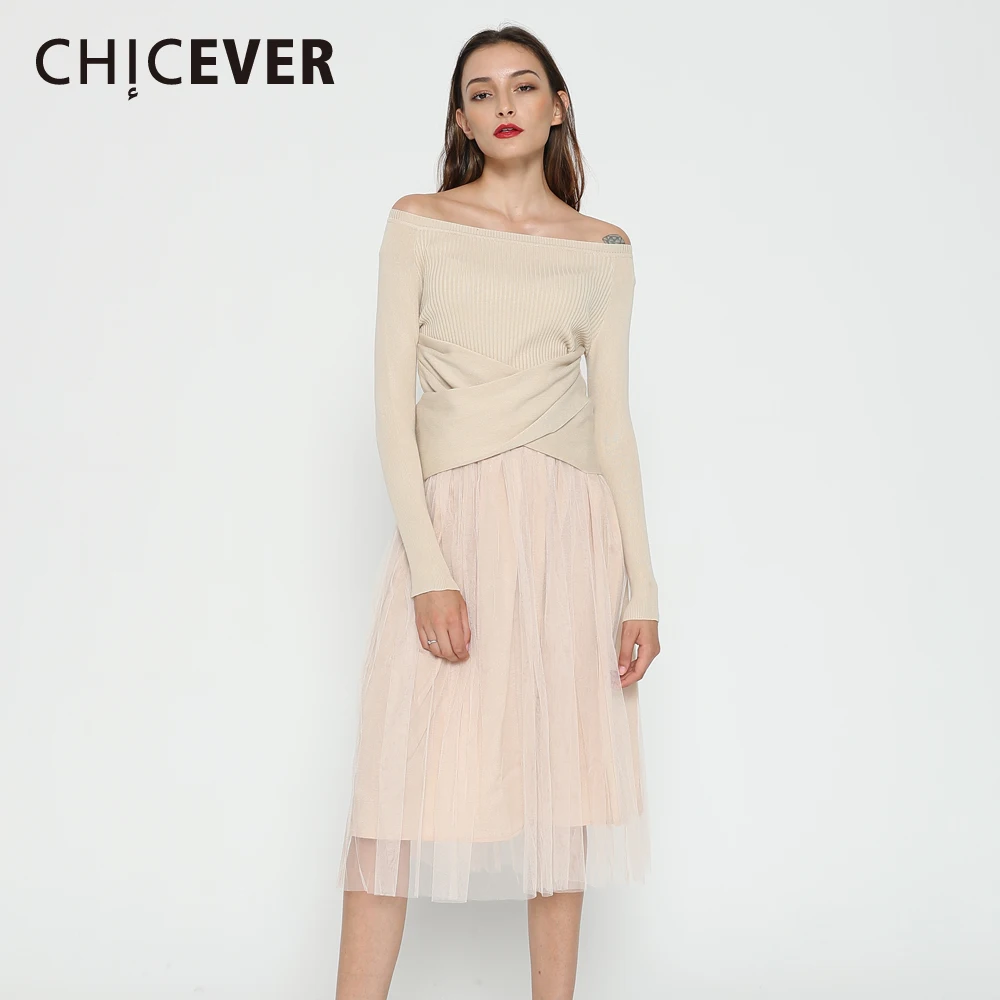 Chicever осень г. Тонкий поддельные Двойка платье Для женщин Туника Вязание Кружево Платья для женщин женские бальное платье симпатичная одежда vestidos Повседневное