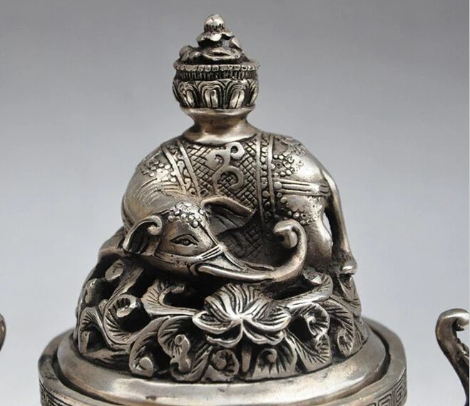 ZSR 823 + 8 &quotСтарый Китайский Фэншуй серебряное животное слон Лотос статуя ладана