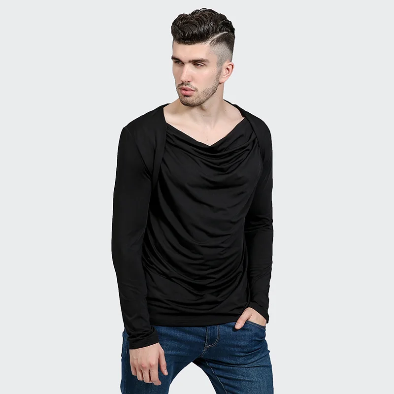 Мужская модная футболка с длинным рукавом и двойным воротником новинка 2017