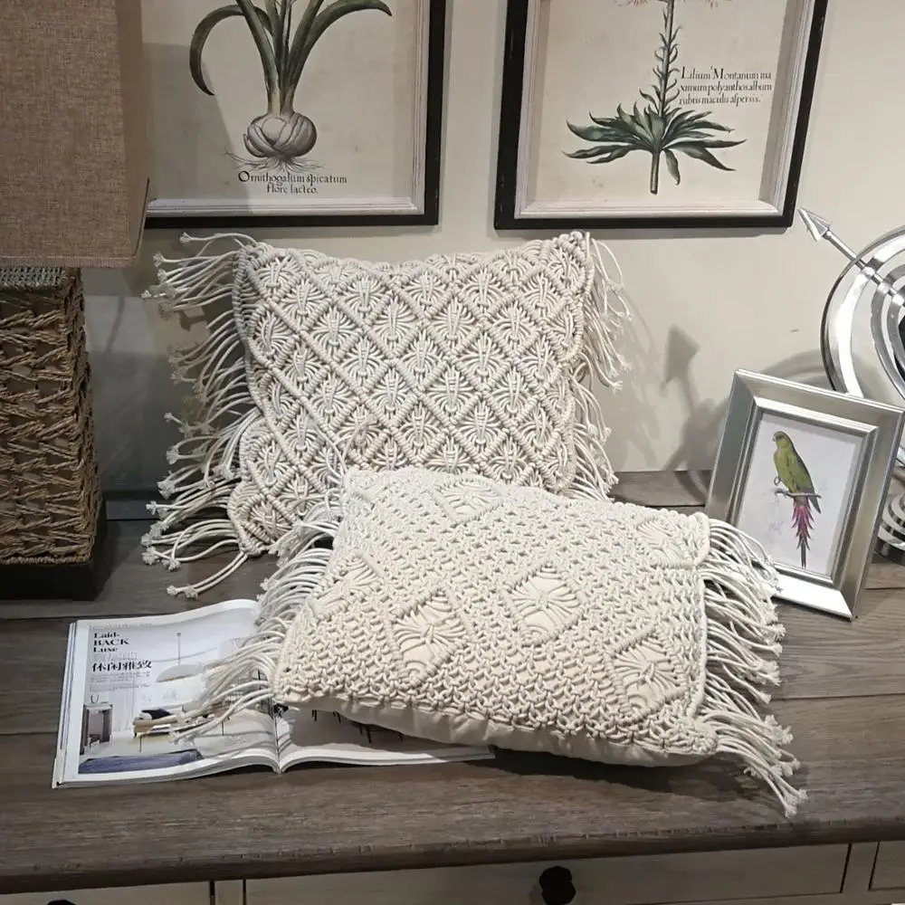 Трикотажная подушка чехол ручной работы для подушки в стиле бохо с кисточками