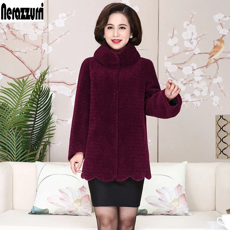 Fuchsia Nerazzurri зимние пальто из натурального меха для женщин; куртка из овечьей шерсти с длинными рукавами; шуба из овечьей шерсти; Одежда большого размера; куртка из натурального меха; 5xl 6xl 7xl шуба ягненок теплые вещи - Цвет: Fuchsia