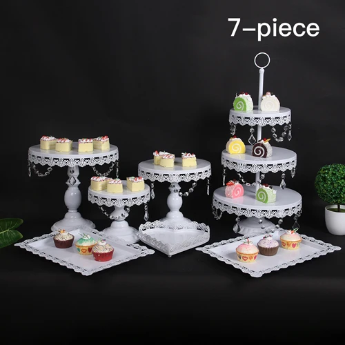 new white 7pcs Белое золото со стразами и жемчугом; металлическая, для подставки для пирожных кекс сервировка десерта держатель вечерние свадебные украшения стола для банкета - Цвет: new white 7pcs