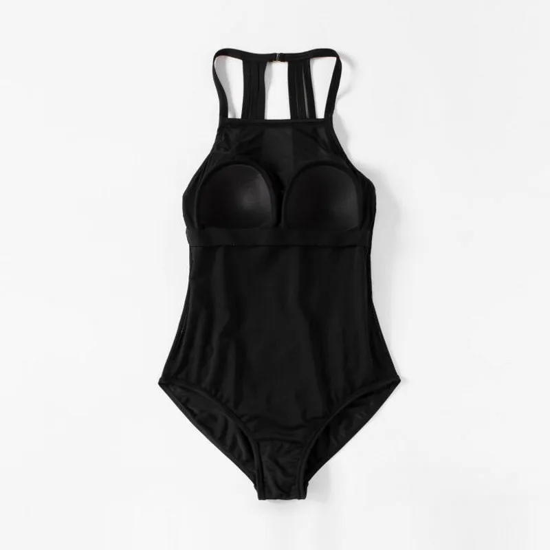 New Sexy Backless Bathing Suit Women Swimsuit Push Up Monokini Soft Cup Mesh Solid Patchwork Cross Slin Black Halter | Спорт и