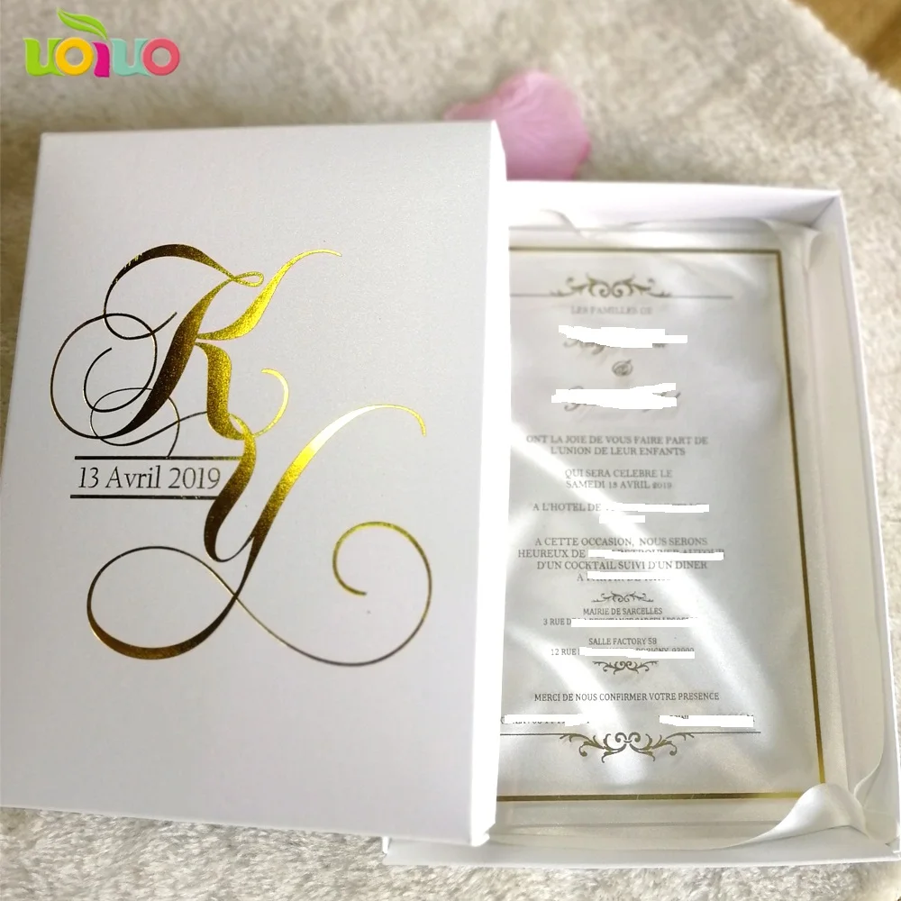30pcs hot sale custom printing clear acrylic card,wedding invitation card with boxes(logo on the box need extra cost)
