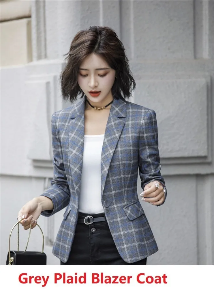 Grey Blazer Coat Высокое качество ткани модные клетчатые женские деловые блейзеры и куртки пальто с карманом OL стили рабочая одежда Блейзер Верхняя одежда Топы - Цвет: Grey Blazer Coat