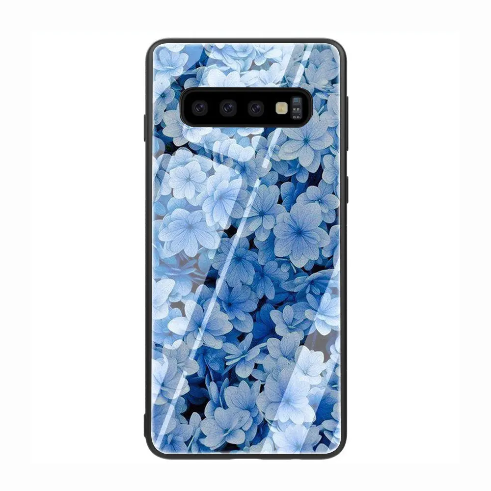 Чехол для телефона Гортензия закаленное стекло синий Galaxy S7 Edge S8 9 10 Plus Note 8 A10 20 30 40 50