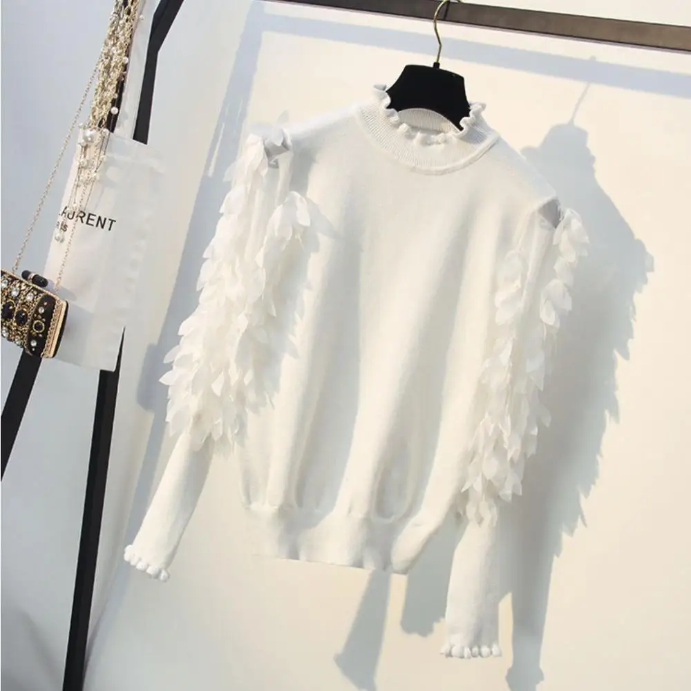 Half-high collar Sweater Women's Head Loose Autumn And Winter Mesh Leaf Mosaic Lantern Sleeve B ottoming | Женская одежда