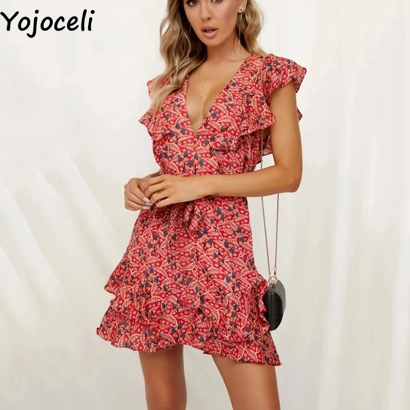 Yojoceli/короткое элегантное платье с рюшами летнее шифоновое поясом и бантом